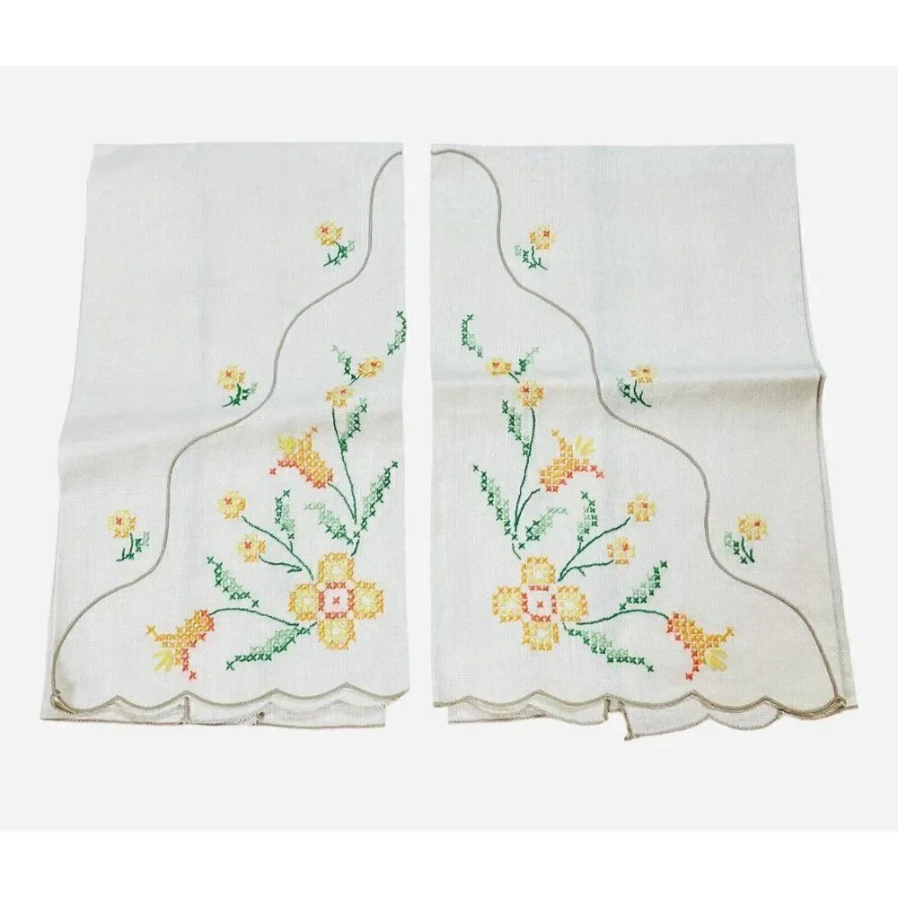 Vintage Embroidered Yellow Orange Flower Linen Tea Towels Set 2 Floral 19 x 12